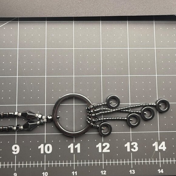Black Hematite Beaded Necklace With Circular Pendant‎ & Dangling Bead Accents - Picture 6 of 6